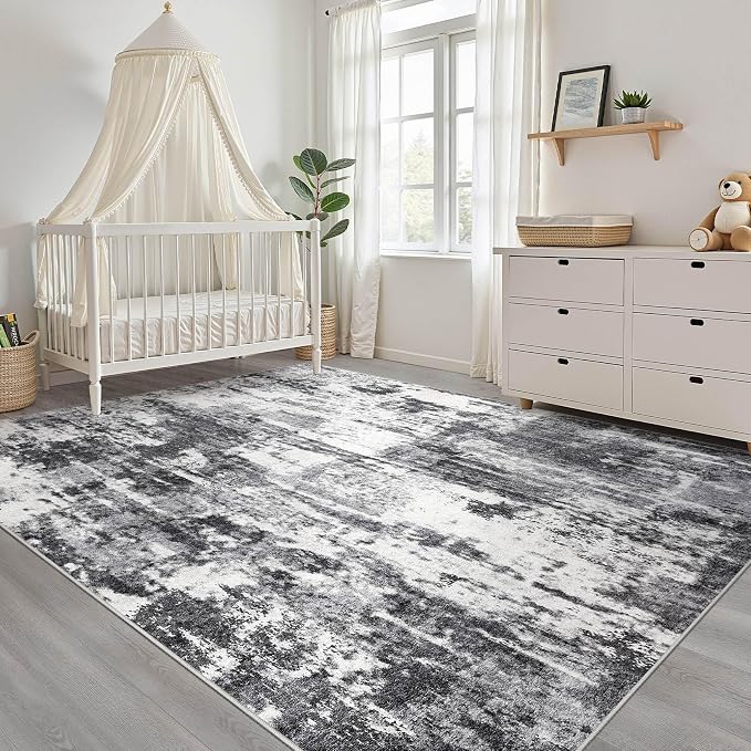 9x12 Area Rug Living Room: Washable Large Neutral Rug Abstract Soft Modern Stain Resistant Indoor Floor Non-Slip Carpet for Bedroom Nursery Kids Office Playroom Dining Room Under Table- Black White