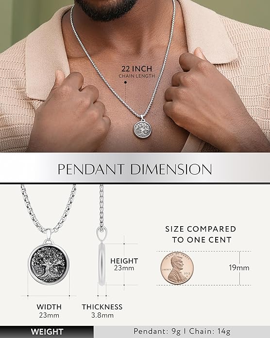 RTZN® Pendant Necklace for Men – Premium Stainless Steel Silver Pendant Necklace with 22" Chain – Waterproof & Non-Tarnish Small Pendants for Men – Bold Symbols of Strength & Legacy
