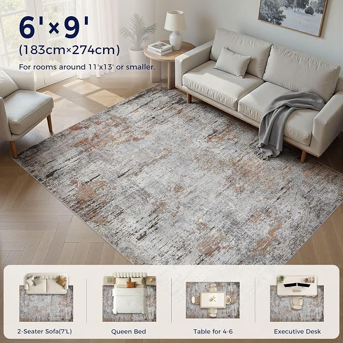 DMOYEST Area Rug Living Room Rugs - 6x9 Large Soft Indoor Neutral Modern Abstract Low Pile Washable Rug Carpet for Bedroom Dining Room Farmhouse Home Office - Grey Rust