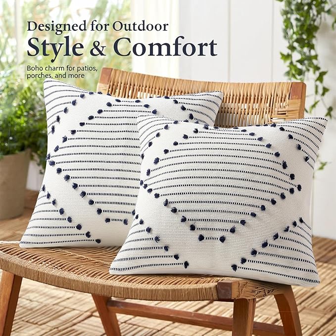 Mecatny Boho Summer Outdoor Throw Pillow Covers 22X22 Set of 2, Farmhouse Decorative Pillow Covers for Couch Sofa Living Room, Navy & Cream White