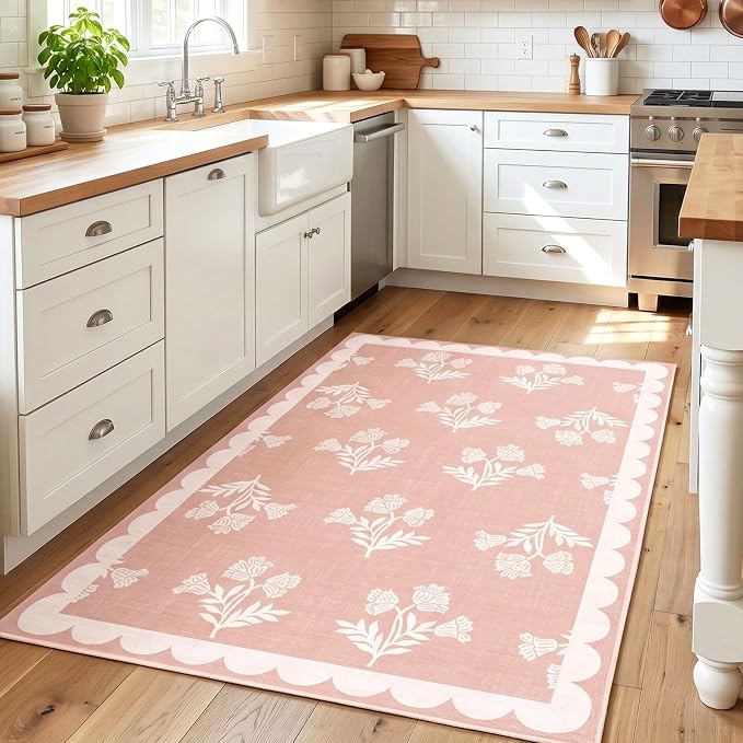 Pink Floral Rug for Girls Bedroom - 3x5 Soft Washable Non Slip Boho Bathroom Rug Preppy Cute Scalloped Small Throw Rugs for Entryway Kitchen Nursery Kids Room Playroom Dorm Home Decor