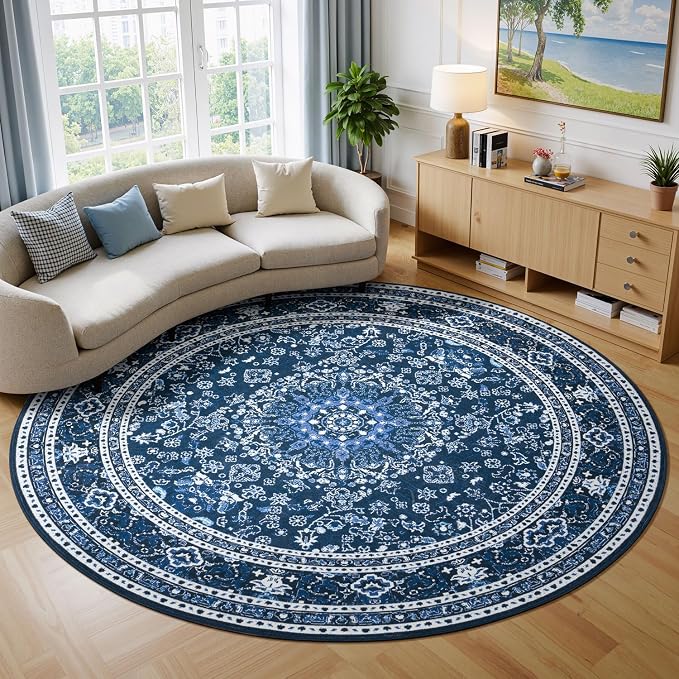 Lessymo 6FT Washable Round Area Rugs for Living Room, Non Slip Circle Rugs Low Pile Vintage Carpet for Bedroom, Dining Room, Nursery, Home Office, Blue White