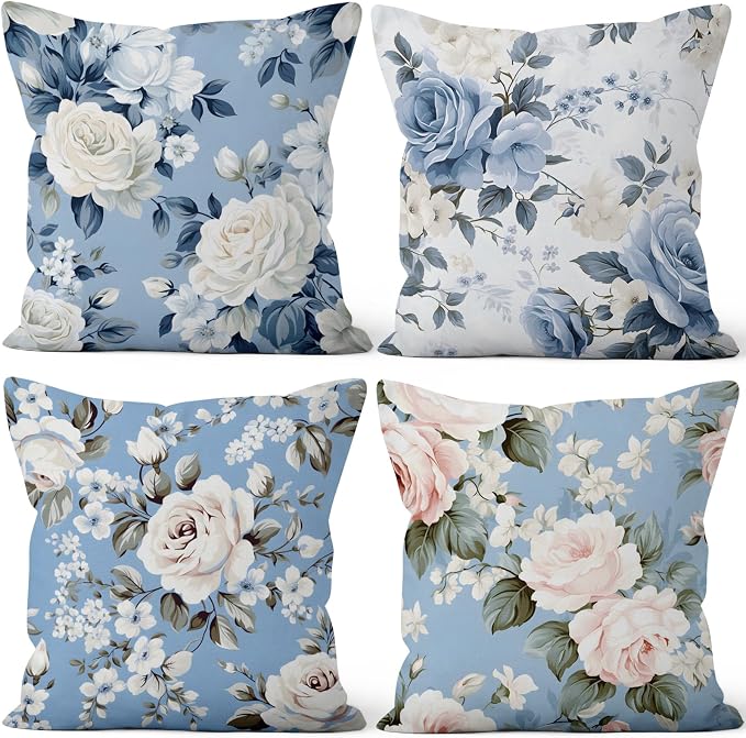 4 Pcs/Set Rose Flowers Pillow Covers Summer Floral Green Leaves Flowering Shrub Plants Natural Scenery Colorful Watercolor Linen Cushion Case for Outdoor Couch Sofa Bedroom, 20"x20"