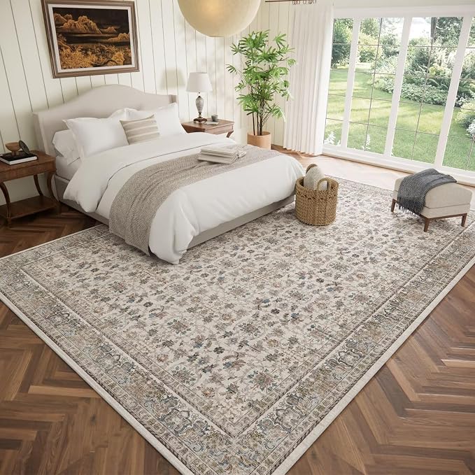 Boho Washable 9x12 Area Rugs for Living Room, Cushioned, Cream/Blue | Vintage Non-slip Neutral Oriental Rugs for Bedroom Dining Room Nursery Office High Traffic Area