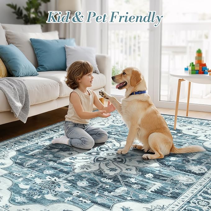 6x9 Coastal Blue White Area Rugs for Living Room - Vintage Boho Medallion Aesthetic Distressed Washable Rug, Soft Non-Slip Backing Low Pile Carpet for Office, Lounge, Bedroom Foot of Bed