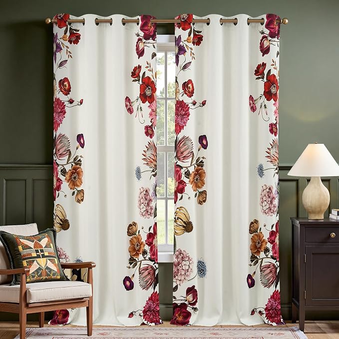 jinchan Beige Floral Blackout Curtains 96 Inch Vintage Grommet 2 Panels | Room darkening, privacy, vibrant flower print, retro boho bohemian drapes, bedroom, living room, fall decor, window treatment