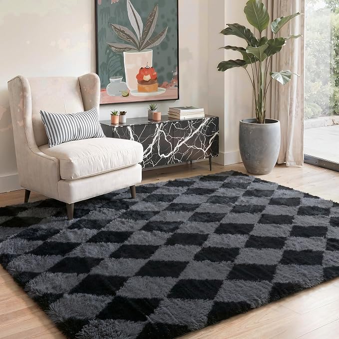 GENIMO Checkered Rug 6x9 Area Rugs for Kids Bedroom Soft Shag Rug Fluffy Fuzzy Carpet Plush Rugs for Living Room Nursery Playroom Dorm Modern Home Decor Aesthetic, Black and Grey