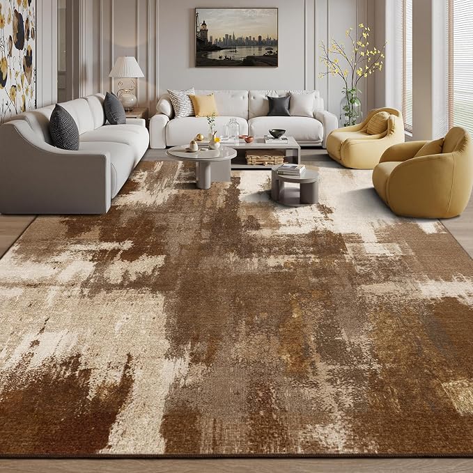 Kelarea Living Room Rug, 10x14 Rug Modern Abstract Washable Rugs, Brown Vintage Low Pile Carpet, Non Slip Large Rugs for Bedroom, Dining Room, College Dorm, Home Office