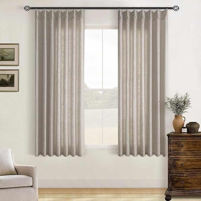 Burlywood Birch Pinch Pleated Linen Curtains 63 Inch Length 2 Panels Set | for Dining Living Room Bedroom Window, Memory Shape Trained, 400GSM Fabric, Semi Sheer, Pinch Pleat with Hooks Rings 40x63