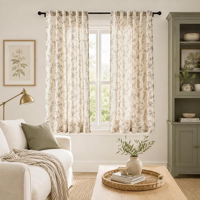Lazzzy Charlotte Linen Cottage Core Curtains Taupe Floral Curtains 63 Inch Length Back Tab Drapes for Living Room Bedroom Light Filtering Country Vintage Rod Pocket Curtain, 2 Panels, Taupe on Beige