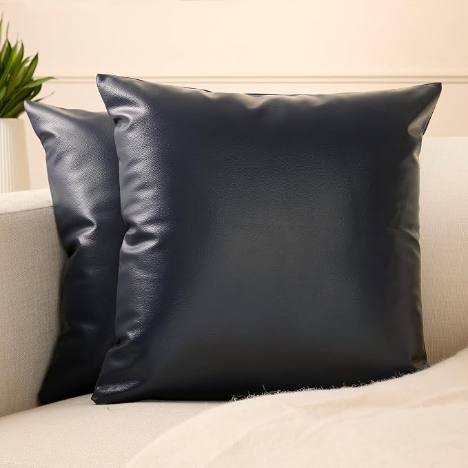 Encasa XO Faux Leather Throw Pillows Covers 18"x18" (Set of 2) | Navy Blue Decorative Cushion Covers | Modern Farmhouse Pillow Cases for Outdoor, Living Room, Bedroom, Couch, Sofa