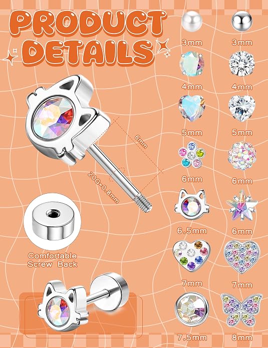LOYALLOOK 14Pairs Hypoallergenic Screwback Earrings for Women Girls Tiny CZ Pearl Ball Heart Flower Screw Back Earring Studs 316L Stainless Steel Stud Earrings Flatback 20G Over 3 Years Old
