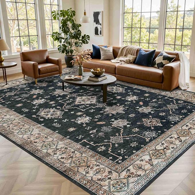 Rugxara Black 8x10 Area Rugs for Living Room Bedroom Large Washable Rug | Non Slip, Rug for Dining Room Office Kids Room, Stain Resistant, Soft, Low Pile, Vintage Boho Retro Carpet,Home Decor