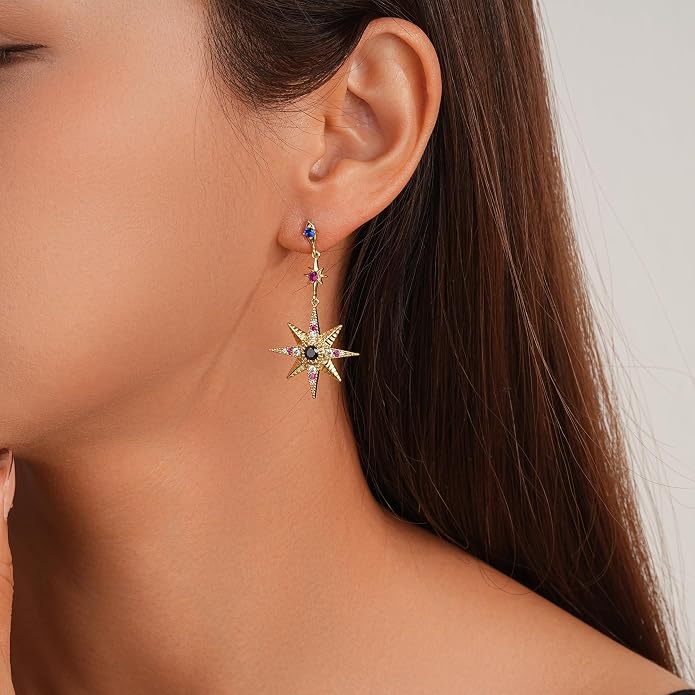 Sylph Gold Moon and Starburst Earrings for Women, Asymmetrical Stud Dangle Drop Earring, Boho Bohemian Jewelry for Everyday Wear