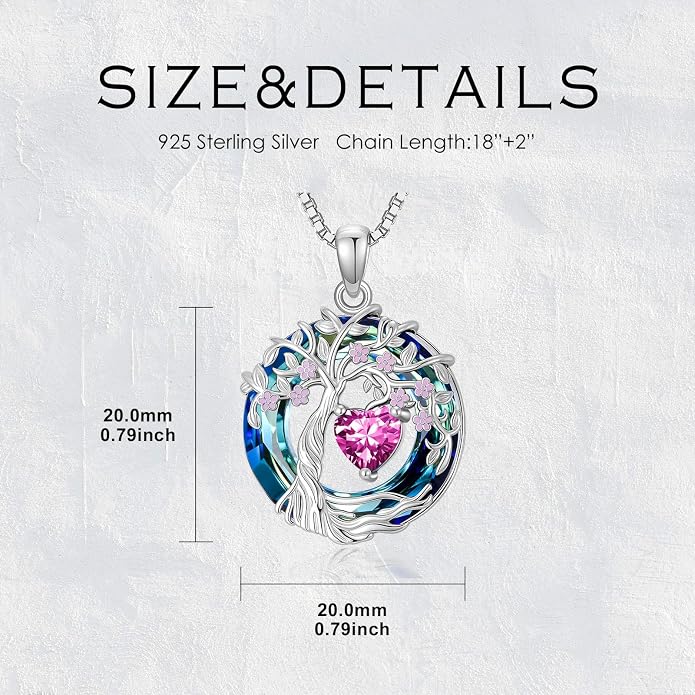 Tree of Life Birthstone Necklace 925 Sterling Silver Crystal Tree of Life Pendant Birthstone Jewelry Birthday Christmas Gifts for Women Mom Her Wife