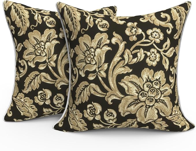 Outdoor Throw Pillow Covers Pack of 2, Decorative Water Repellent Square Pillow Cases with Piping 18x18 Inch, Jacobean Black