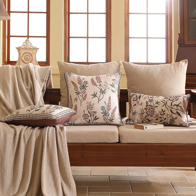 ISAENNE Designer Elegant Linen Throw Pillow Cover,Set of 4-Helena ABCD | French Cottage Pillow Cover,Concealed Zipper,Floral Pattern,Sofas,Bedroom,Living Room,Lounge Chairs,All Season Home Decor