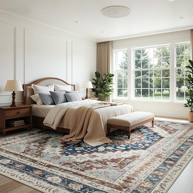 Joydeco 8x10 Area Rugs for Living Room, Non Slip Machine Washable Vintage Rug, Low Pile Chenille Print Rugs for Bedroom, Dining Room, Home Office, Pet & Child Friendly, Beige & Blue & Reddish-Brown