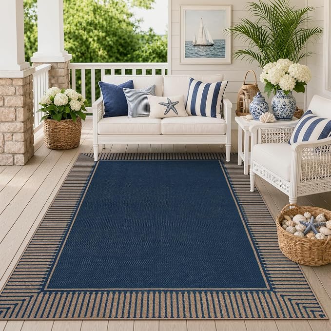 Moynesa 5x7 Rug for Living Room, Blue Striped Border Easy Jute Washable Indoor Outdoor Patio Area Rugs, Farmhouse Neutral Non Slip Carpet for Bedroom Dining Room Backyard