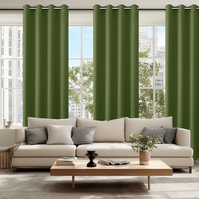 Hiasan Blackout Curtains for Bedroom, 52 x 96 Inches Long - Thermal Insulated & Energy Saving Window Curtains for Living Room, 2 Drape Panels Sewn with Tiebacks, Olive Green