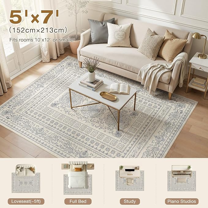 Nakagishi 5x7 Area Rugs Living Room: Washable Large Vintage Rug Neutral Non-Slip Soft Stain Resistant Indoor Carpet for Bedroom Nursery Dining Room Office Playroom - Blue/Beige