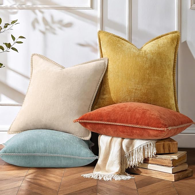 decorUhome Fall Soft Decorative Chenille Throw Pillow Covers 18x18 Set of 4 | Rust Orange Decorative Modern Farmhouse Neutral Pillow Cases with Stitched Edge for Couch Sofa Bed Living Room Home Decor