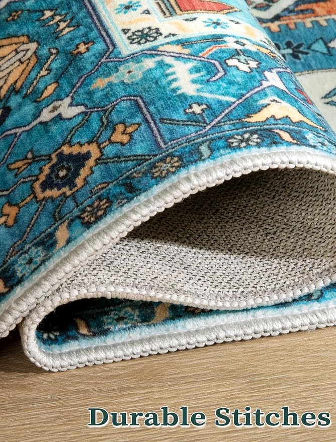 SERISSA Runner Rug for Hallways, 2'6"x18' Washable Non Slip Kitchen Runner Rug, Extra Long Boho Rug Ultra Soft Vintage Blue Print Floor Carpet for Hallway Living Room Dining Room Bedroom
