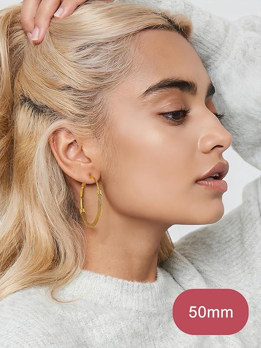 FOCALOOK 14K Gold Plated Hoop Earrings, Lightweight Hypoallergenic Large Stainless Steel Black Hoops Earrings for Women 20/30/40/50/60/70/80mm