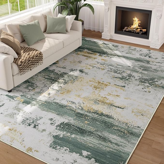Kelarea Washable Area Rug for Living Room, 5x7 Non Slip Modern Abstract Green Rugs, Easy Clearning Low Pile Large Carpet for Bedroom, Dining Room, Nursery, Office