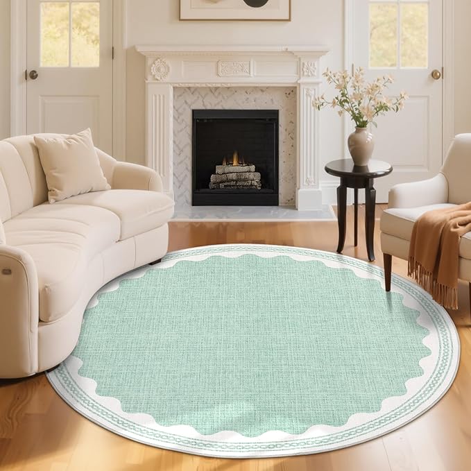 6ft Scalloped Round Rug Green Washable Living Room Bedroom Area Rug | Small Solid Rug for Bedroom Girls, Non Slip Scalloped Round Bath Mat, Soft Dorm Nursery Carpet for Bedside