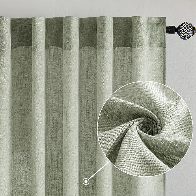 MIULEE Sage Linen Curtains 108 Inch Length 2 Panels for Bedroom Living Room,Green Soft Thick Linen Textured Window Drapes Semi Sheer Light Filtering Back Tab Rod Pocket Burlap Look Decor