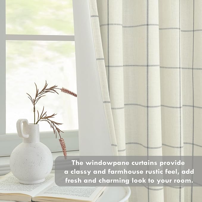 DriftAway 100% Blackout Plaid Linen Curtains 90 Inches Long 2 Panels Gray | 100% Blackout, Linen Texture, Plaid Pattern, Two Layers, Rod Pocket & Back Tab, Bedroom Living Room Use, Luxury Appearance