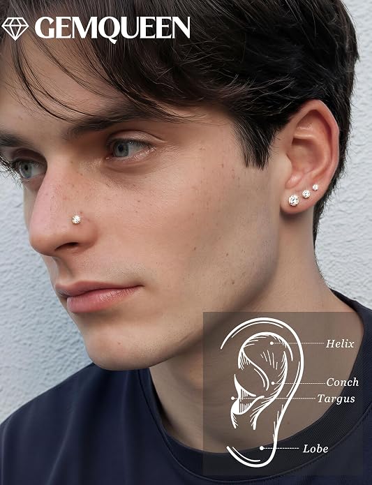 GEMQUEEN 8 PCS Moissanite ＆ Implant Grade G23 Titanium Nose Studs Flat Back Earrings Hypoallergenic : 14K Gold Plated Nose Rings 20G Push in Threadless Cartilage Helix Piercing Jewelry for Women Men