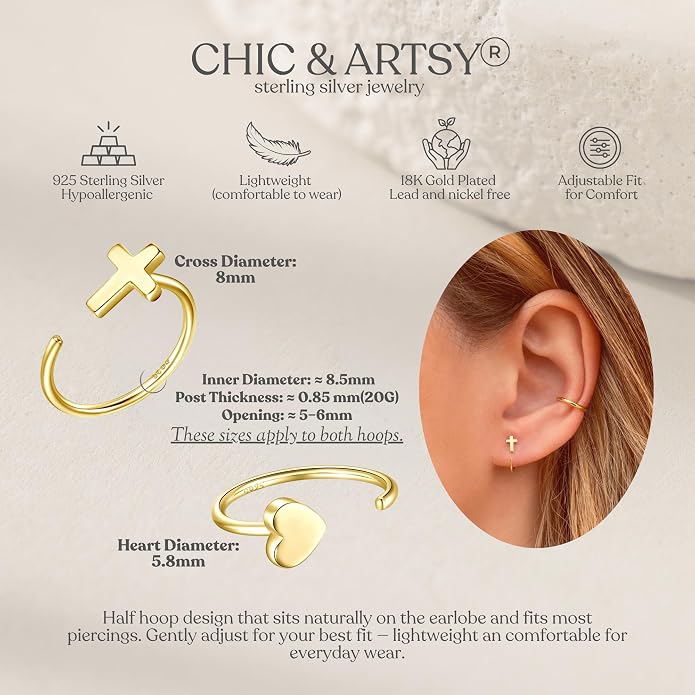 CHIC & ARTSY 925 Sterling Silver Half Hoop Earrings for Women, Small Huggie Hoops Set with Ball Bar Star Moon Cross & Pearl, Lightweight Comfort Fit Everyday & Sleep Earrings