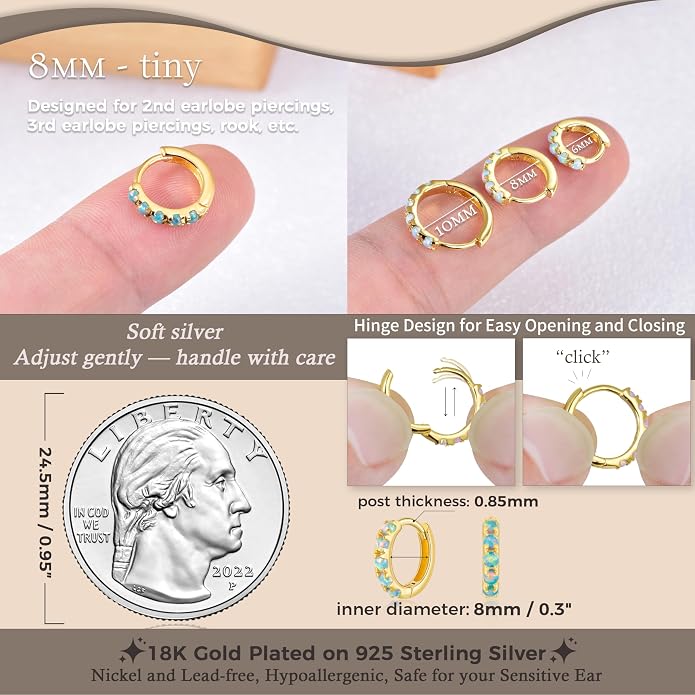 Tiny Mini Opal Huggie Hoop Earrings Upper Ear Cartilage Helix 18k Gold Plated Silver Minimalist Simple Small 10mm 8mm 6mm Hoop Earrings