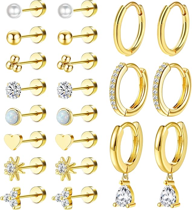 MJust 18 Pairs Women‘s Hypoallergenic Flat Back Stud Earrings, 20g Stainless Steel Earrings Sets for Men, Tiny Unisex Screw Back Cartilage Earrings.
