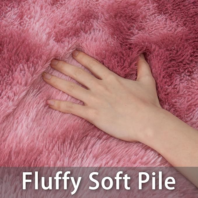 Dssimo 9x12 Area Rugs for Living Room, Pink Tie-Dyed Plush Fluffy Carpet | Upgrade Non-Slip Thick Large Rose Shag Rugs for Nursery Kids Room Dorm Room Home Decor, Indoor Plush Floor Carpet