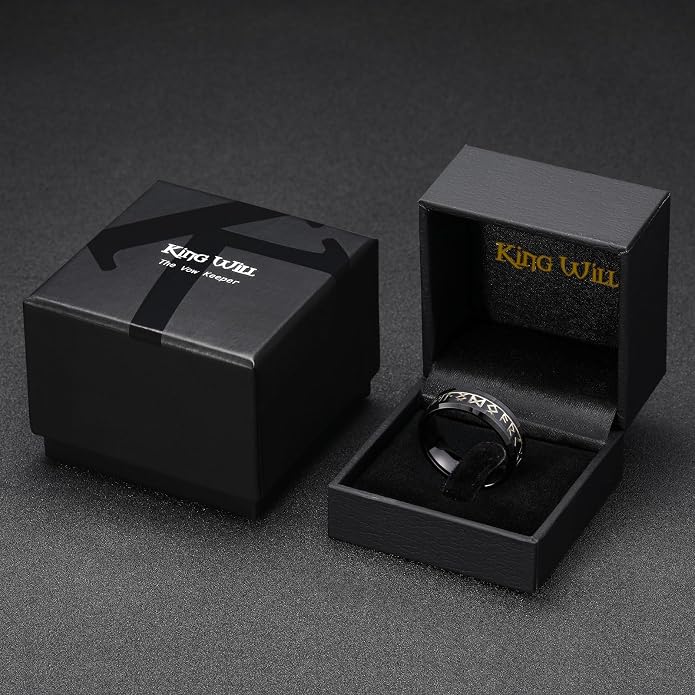 King Will Tungsten Carbide Wedding Band for Men - 8mm Black/Silver/Gold Plated with Norse Viking Rune & Hawaii Koa Wood Inlay Mens Ring, Polished Beveled Edge for Daily Wear, Comfort Fit Size 7-14