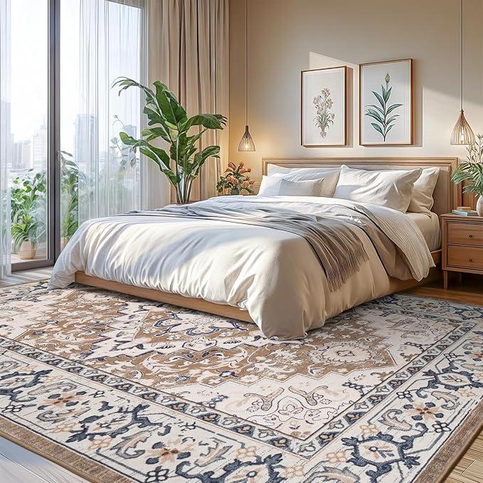 Lofus 9x12 Area Rugs for Living Room, Washable Area Rug, Rugs for Bedroom, Kitchen, Vintage Boho Carpet, Soft Non-Slip, Low Pile Large Area Rug for Office Dining Room, Floral Brown