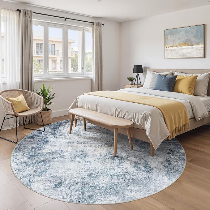 DMOYEST 8ft Round Area Rug for Living Room - 8x8 Washable & Non Slip Circle Rug, Kid & Pet Friendly Soft Low Pile Abstract Carpet for Bedroom and Dining Room - Blue