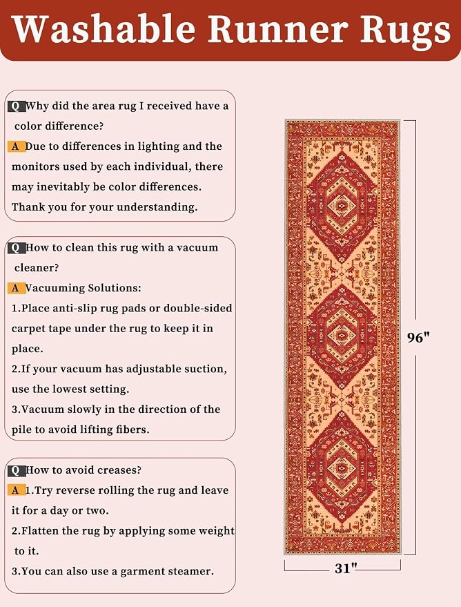 SERISSA Runner Rug for Hallways, 2'6"x8' Washable Non Slip Kitchen Runner Rug, Long Boho Rug Vintage Red Hallway Stair Ultra Soft Print Floor Carpet for Bedroom Bathroom Laundry Room