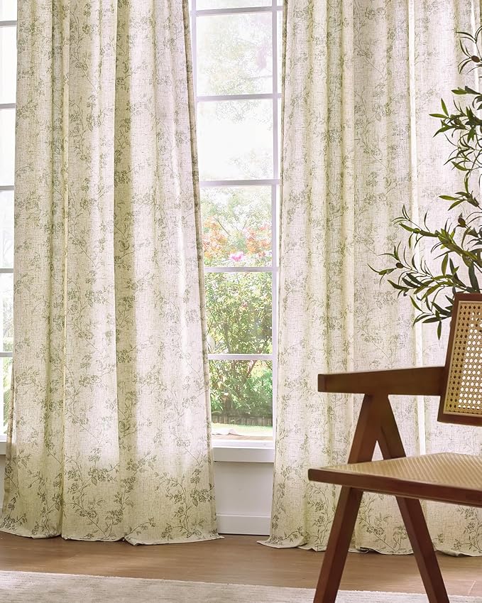 Lazzzy Floral Linen Curtains Farmhouse Extra Long Curtain for Living Room Bedroom Light Filtering Vintage Rod Pocket Back Tab Drapes for Home, 2 Panels, Green on Beige, W38 X L108