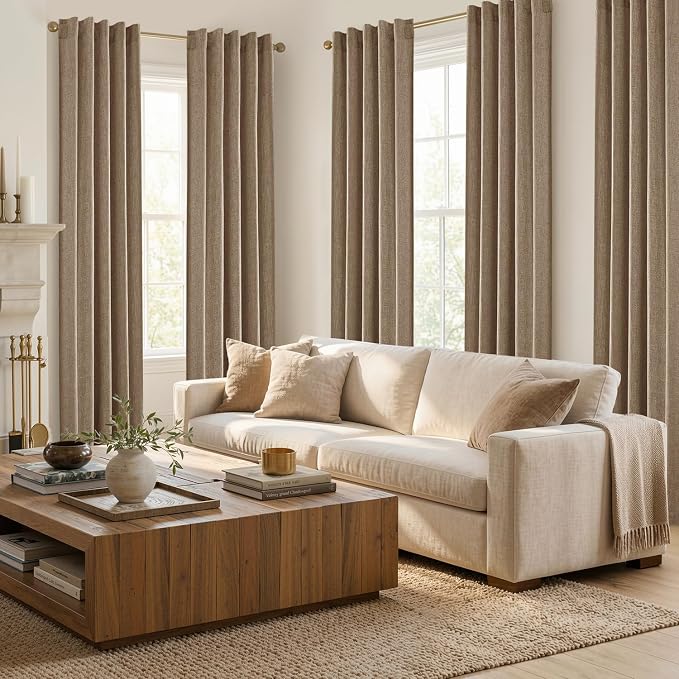 MIULEE Thick Linen Curtains, 42Wx84L, Brown Tan Semi Sheer Linen Textured | Light Filtering Window Privacy Drapes with Back Tab Rod Pocket for Farmhouse/Living Room/Bedroom, Set of 2