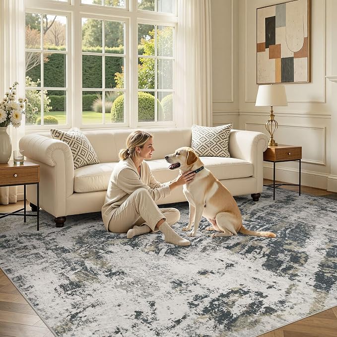 DMOYEST Area Rug Living Room Rugs - 10x12 Large Soft Indoor Neutral Modern Abstract Low Pile Washable Rug Carpet for Bedroom Dining Room Farmhouse Home Office-Black Gold/Grey