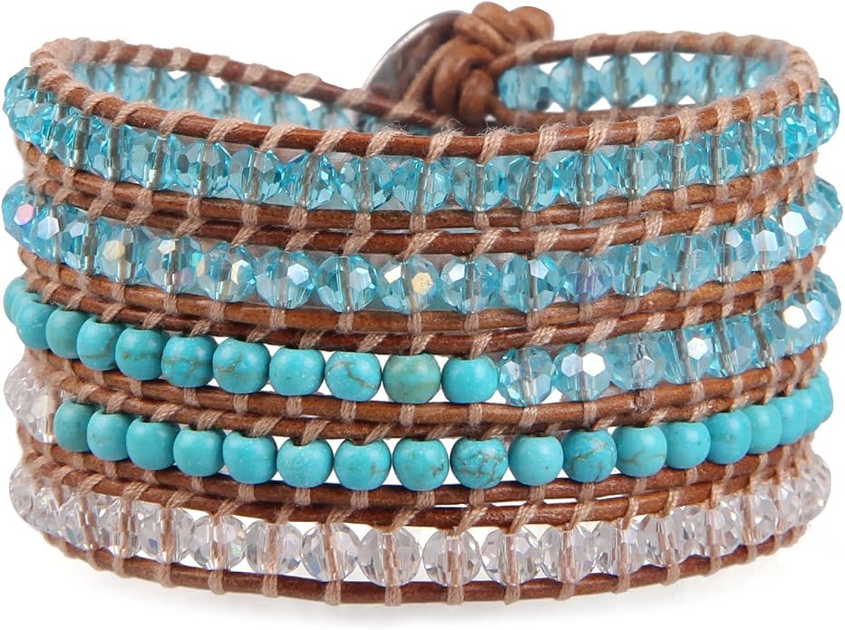 KELITCH Pearl Crystal Beads Bracelets Handmade Natural Leather 5 Wrap Bracelet for Women Classic Bangle Jewelry