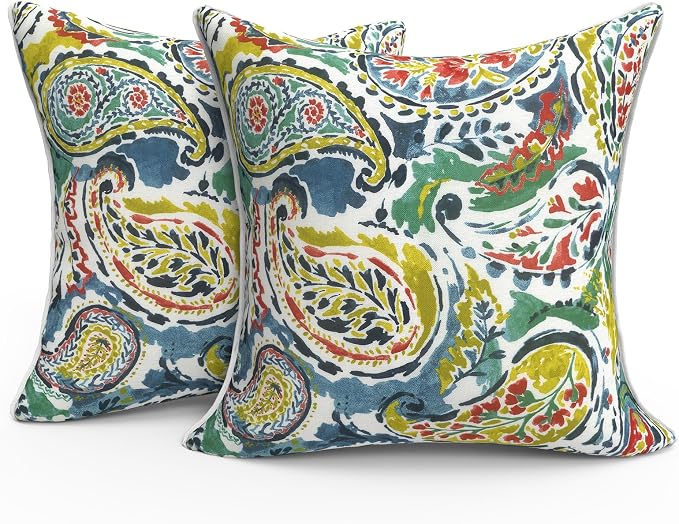 Outdoor Throw Pillow Covers Pack of 2, Decorative Water Repellent Square Pillow Cases with Piping 18x18 Inch, Paradise Paisley