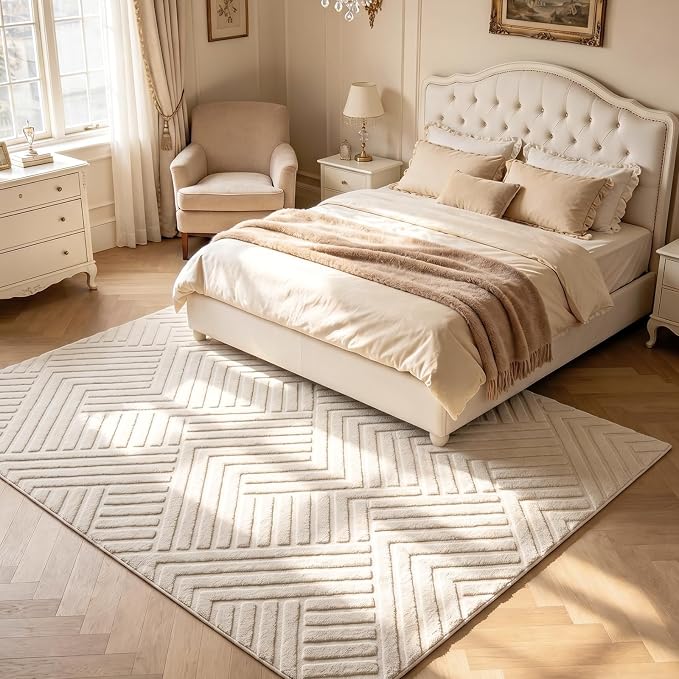 Bsmathom 5x7 Washable Area Rug, Boho Neutral Modern Soft Carpet Mat, Beige | Machine Washable, Low Pile Fluffy Plush, Non-slip, Geometric Textured, For Living Dining Kids Room Bedroom Indoor Dorm