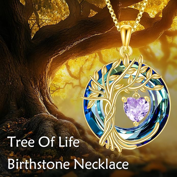 POPLYKE Mothers Day Gifts for Mom Her Wife Tree of Life Necklace 925 Sterling Silver Birthstone Pendant with Crystal Anniversary Birthday Wedding Jewelry for Women