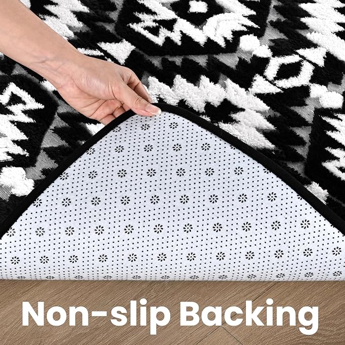 Macgace Soft Area Rug for Girls Bedroom, 3x5 Black and White Shag Rugs | Washable Non-Slip Backing Medium Pile Modren Geometric Fuzzy Carpet for Kids Room, Classroom, Living Room, Dorm