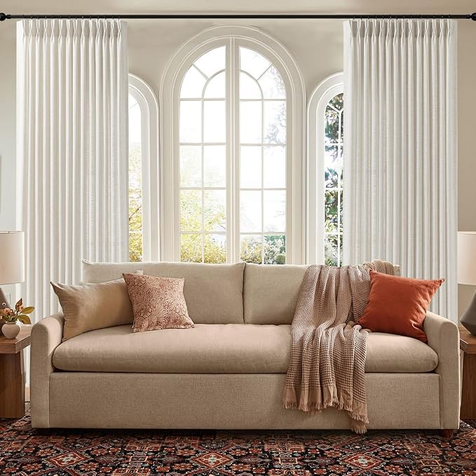 IVAPUPU Extra Wide Pinch Pleated Linen Curtains for Living Room, Memory Training Semi Sheer Ceiling to Floor Pleat Curtain with Hooks Rings Back Tab Light Filtering Drapes, 60Wx102L, Natural, 1 Panel